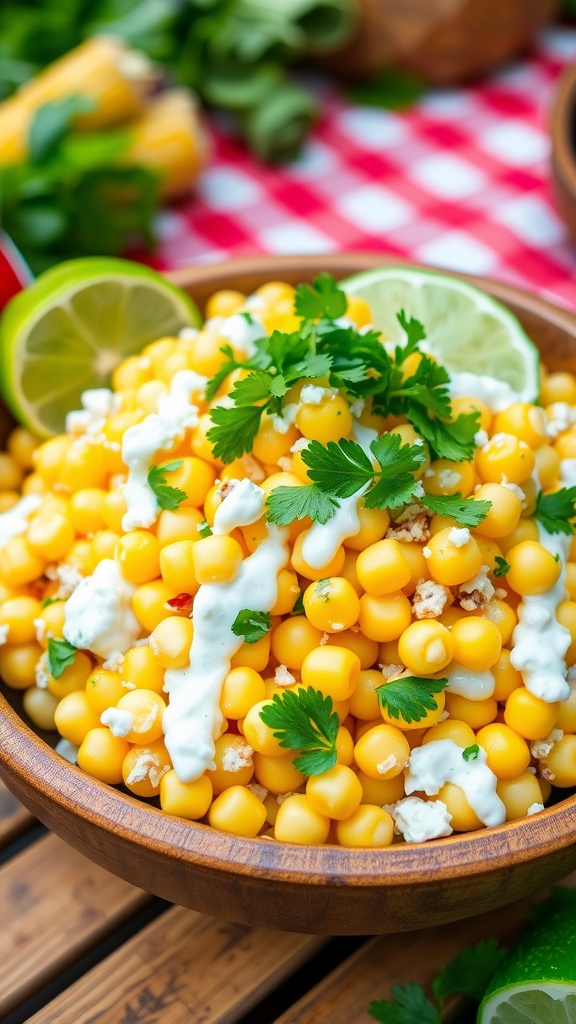 Zesty Mexican Street Corn Salad Recipe Mexican Street Corn Salad in a wooden bowl with corn, cheese, cilantro, and lime.
